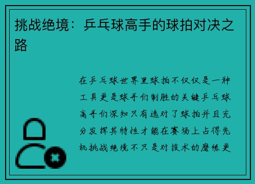 挑战绝境：乒乓球高手的球拍对决之路